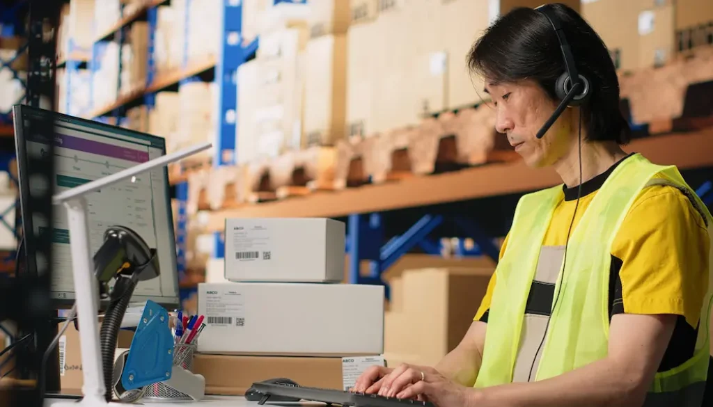 call-center-employee-assisting-customers-fulfillment-center-handling-inventory-control